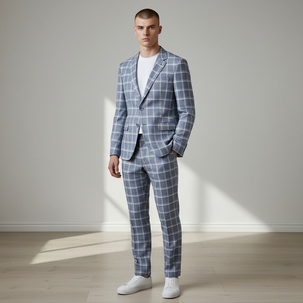 Bocaccio Uomo Mens 42S Windowpane Check Pant Suit Blue Sports Coat Trouser 36x32